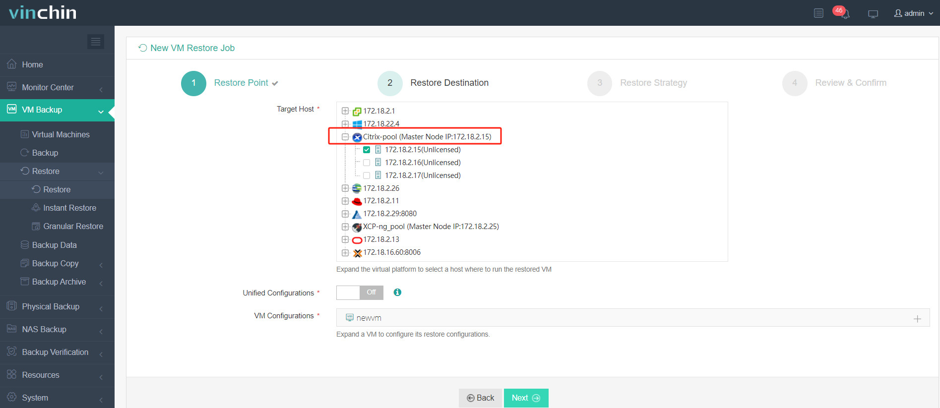 Выберите хост XenServer для запуска восстановленной виртуальной машины