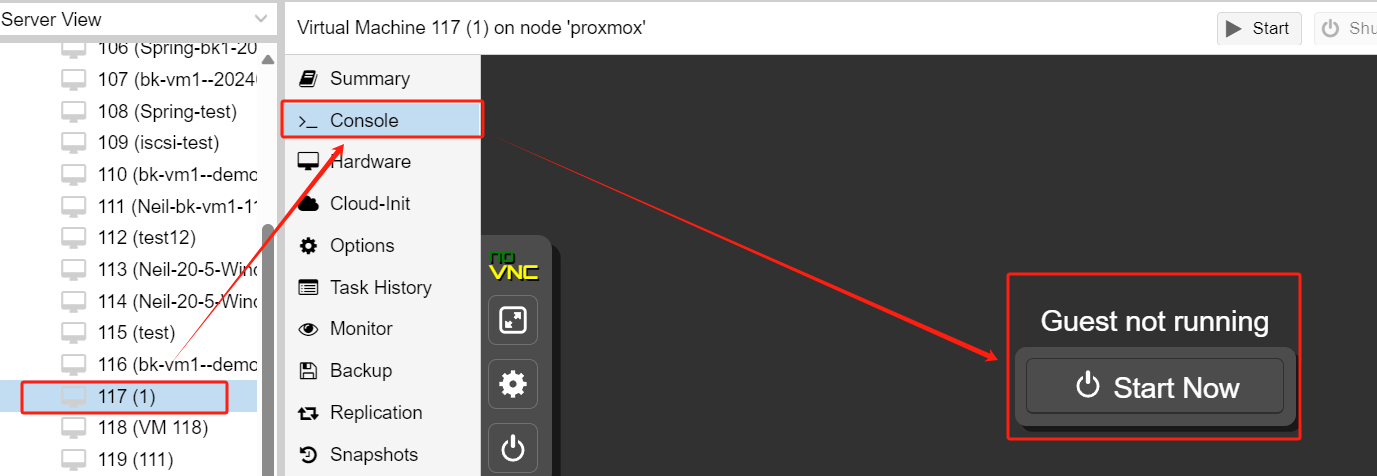 start new proxmox vm