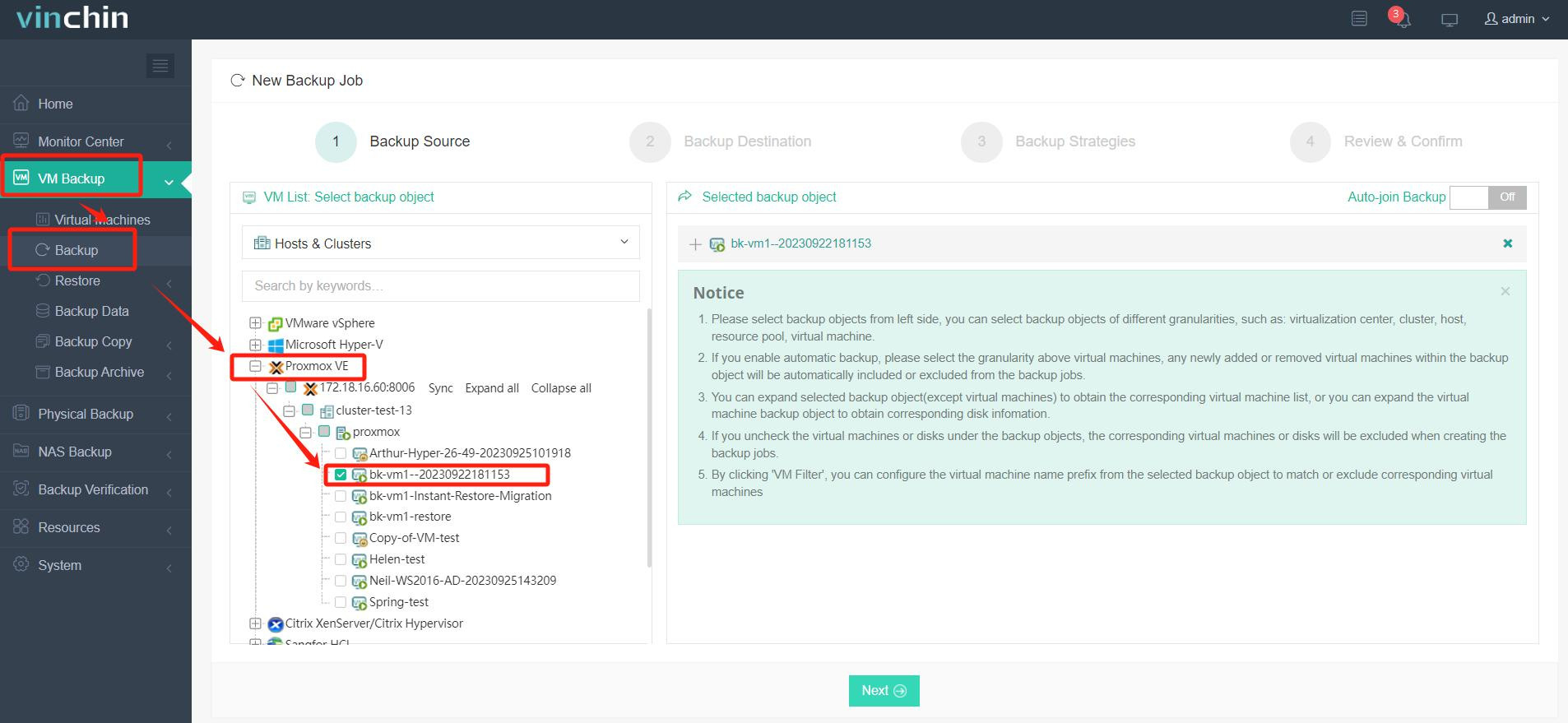 Выберите виртуальные машины на хосте Proxmox